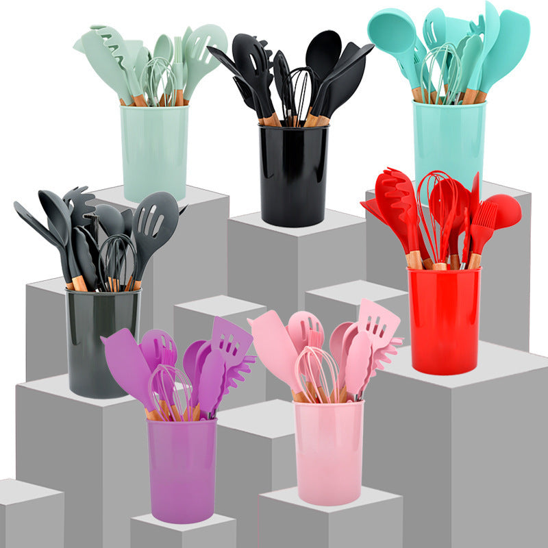 Wooden Handle Silicone Kitchenware 12-Piece Non-Stick Spatula Kitchen Tool Cooking Spatula Spoon Baking Set