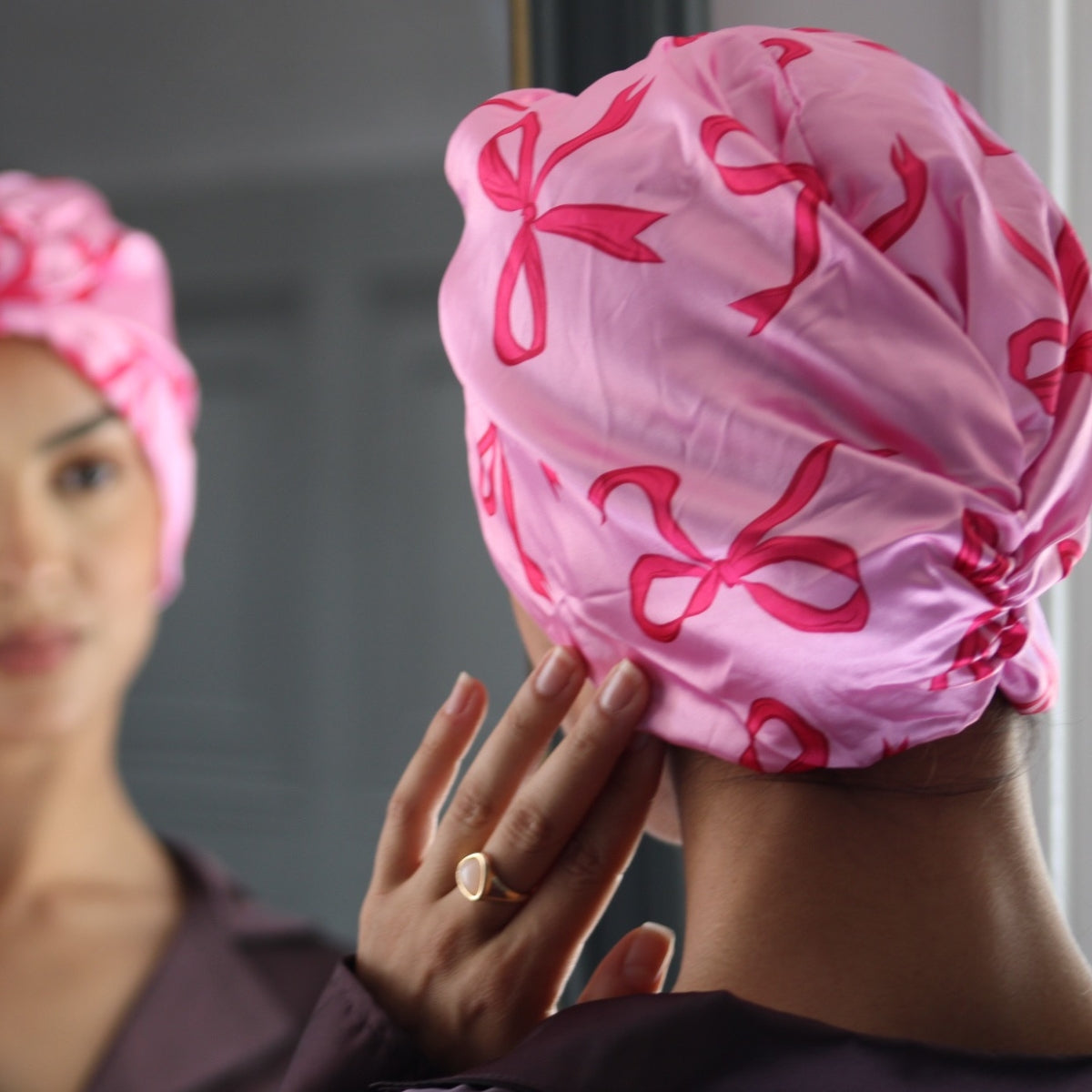 Satin Sleep Turban, Pink Bows
