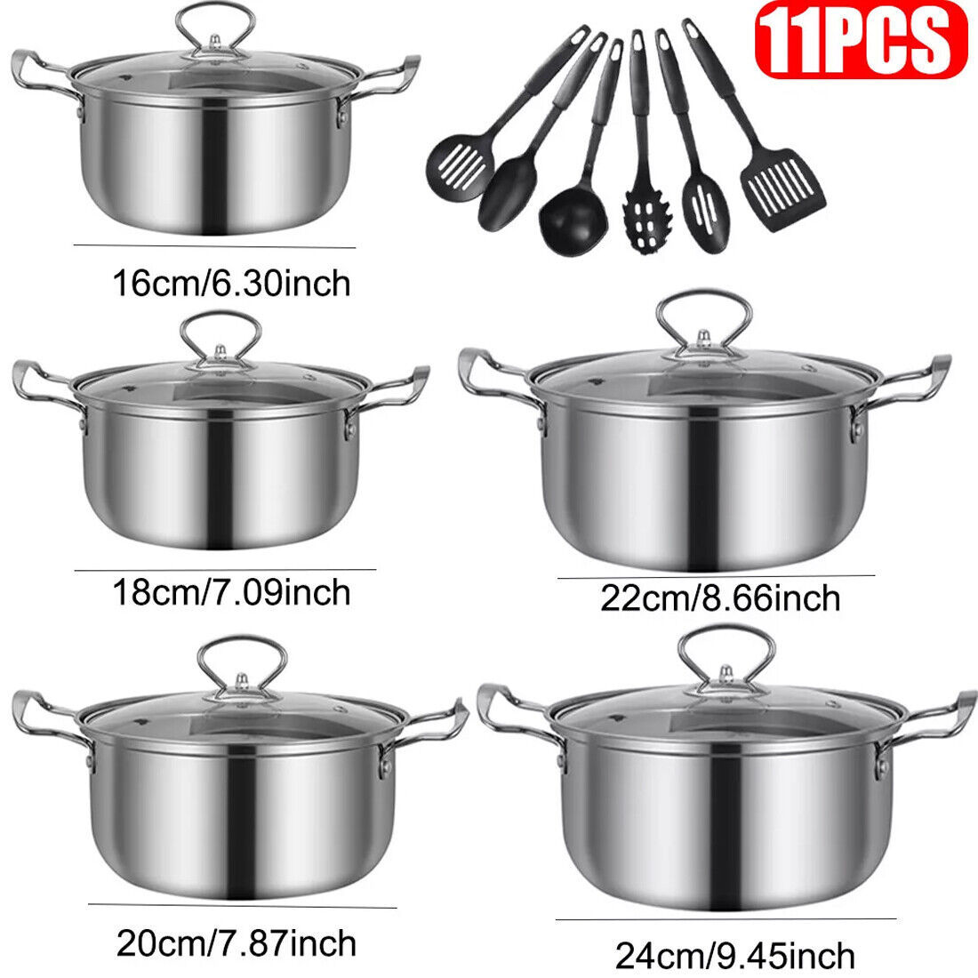 11PCS Induction Non Stick Stainless Steel Cookware Cooking Pot Pan With Lids Set