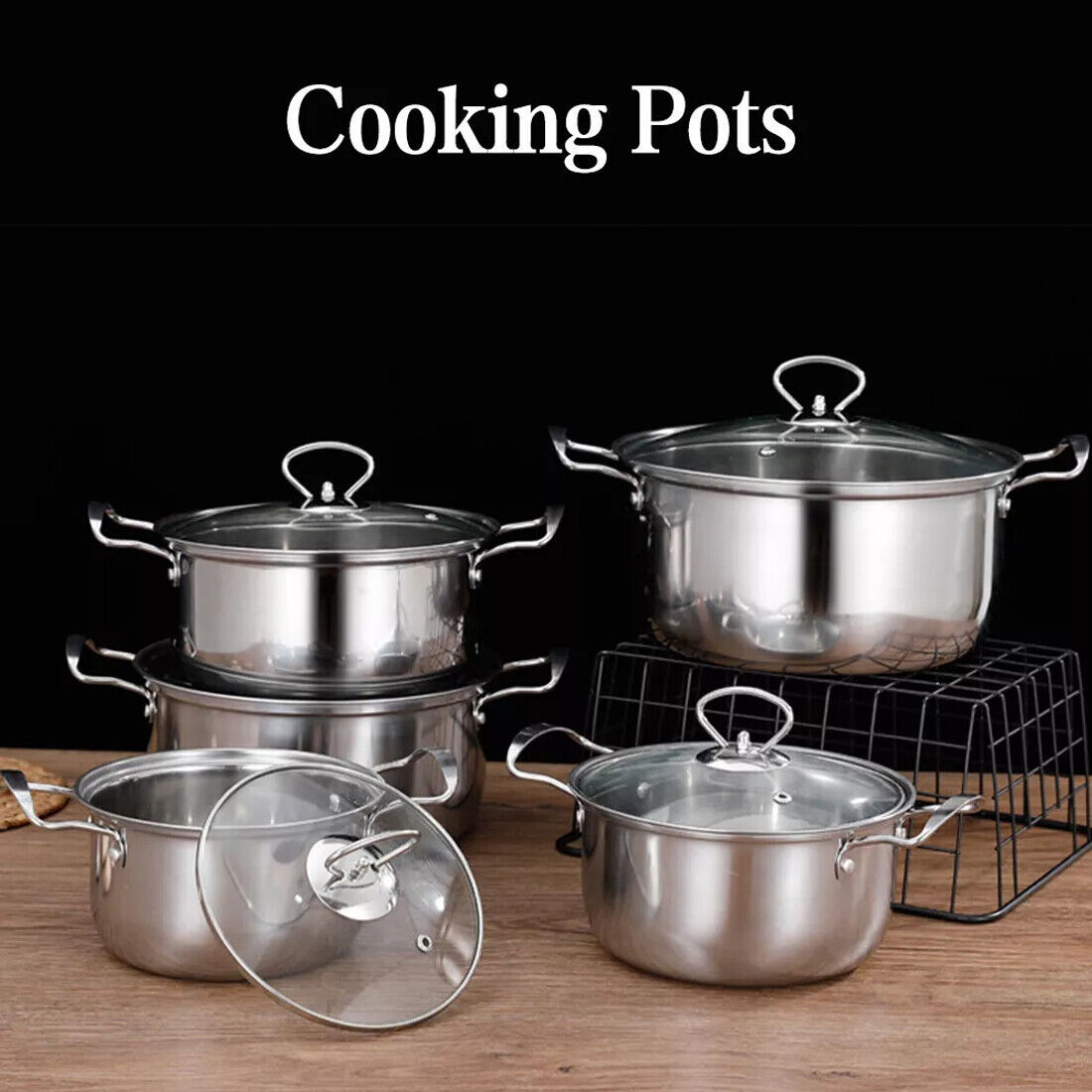 11PCS Induction Non Stick Stainless Steel Cookware Cooking Pot Pan With Lids Set