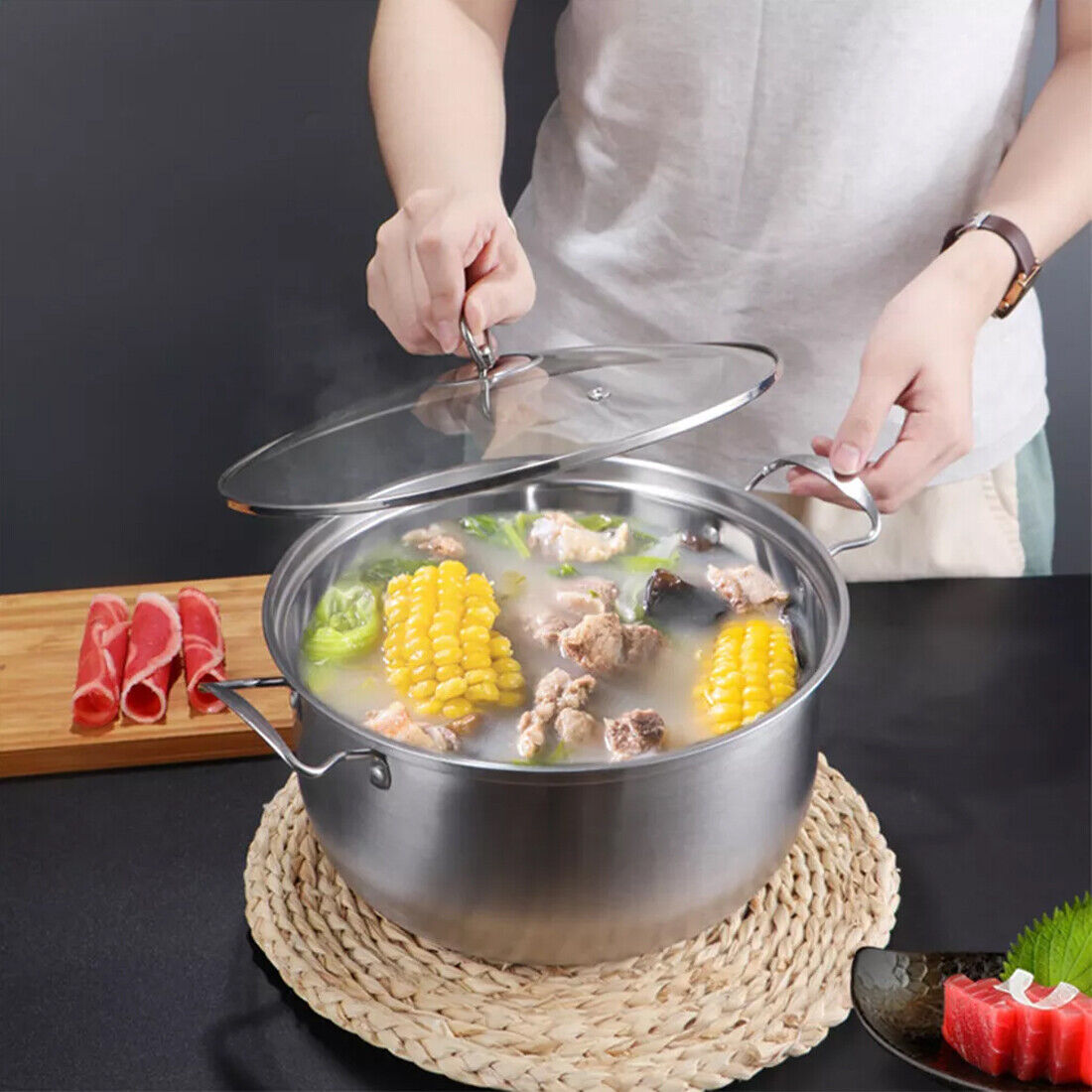 11PCS Induction Non Stick Stainless Steel Cookware Cooking Pot Pan With Lids Set