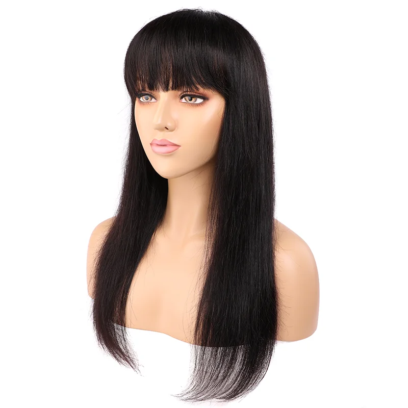 Straight Human Hair Wigs With Bangs PrePlucked Full Machine Made Wigs Peruvian  Hair Wig Natural Color 150% Density-5