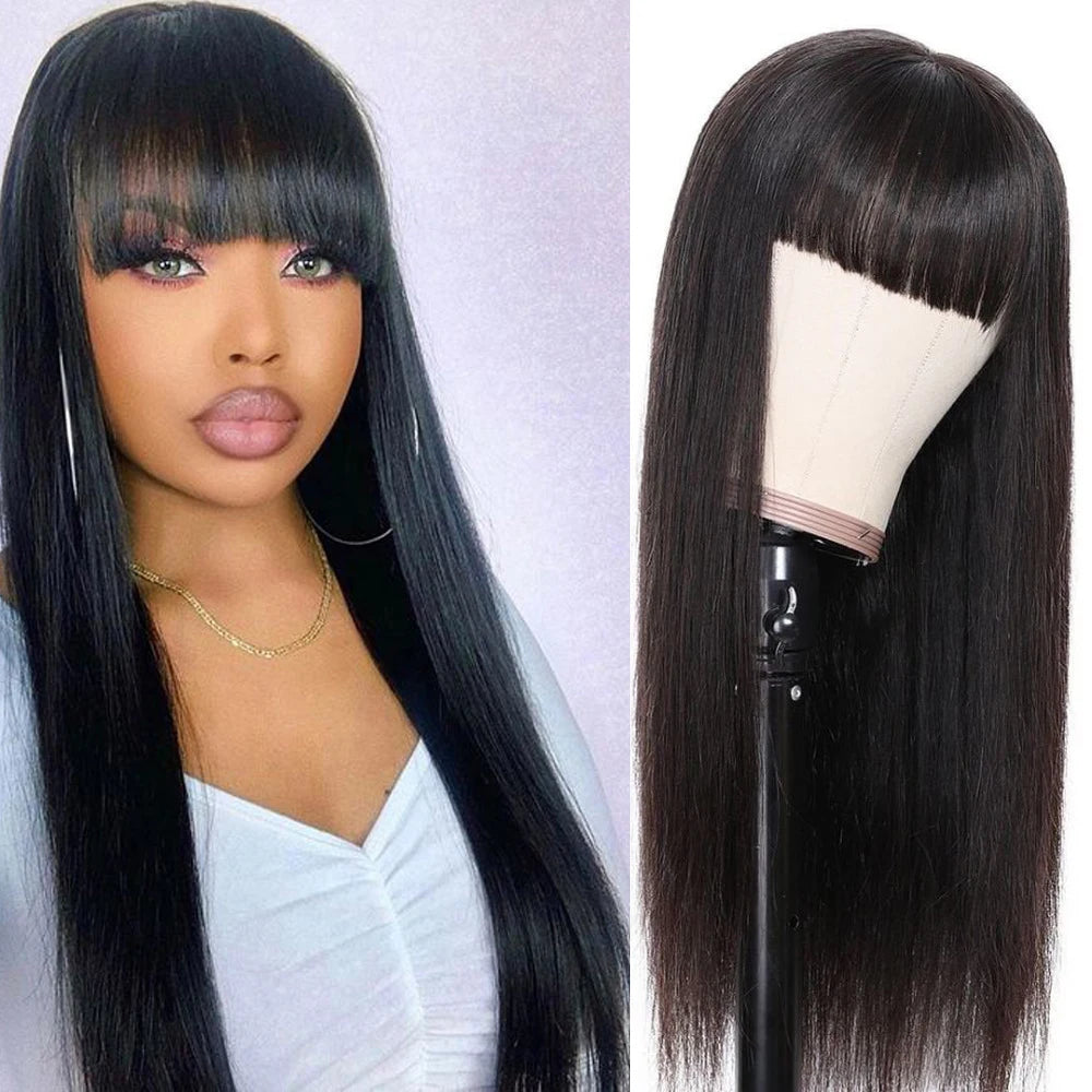 Straight Human Hair Wigs With Bangs PrePlucked Full Machine Made Wigs Peruvian  Hair Wig Natural Color 150% Density-6