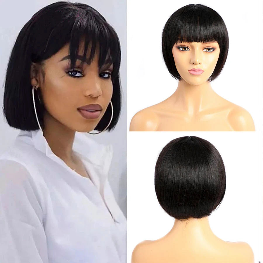 Straight Human Hair Wigs With Bangs PrePlucked Full Machine Made Wigs Peruvian  Hair Wig Natural Color 150% Density-7