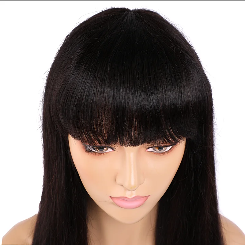 Straight Human Hair Wigs With Bangs PrePlucked Full Machine Made Wigs Peruvian  Hair Wig Natural Color 150% Density-4