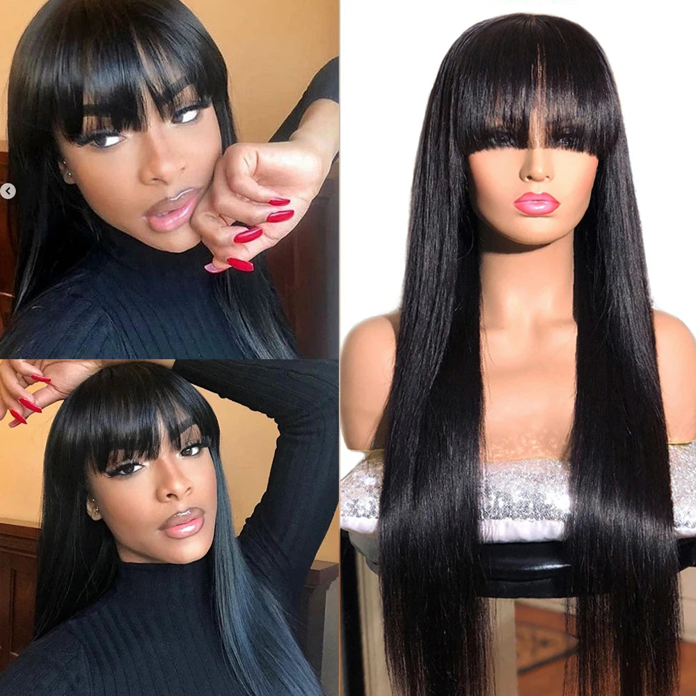 Straight Human Hair Wigs With Bangs PrePlucked Full Machine Made Wigs Peruvian  Hair Wig Natural Color 150% Density-3