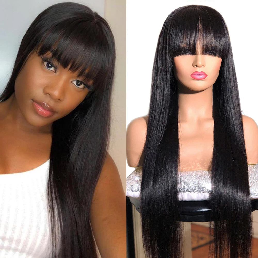 Straight Human Hair Wigs With Bangs PrePlucked Full Machine Made Wigs Peruvian  Hair Wig Natural Color 150% Density-0