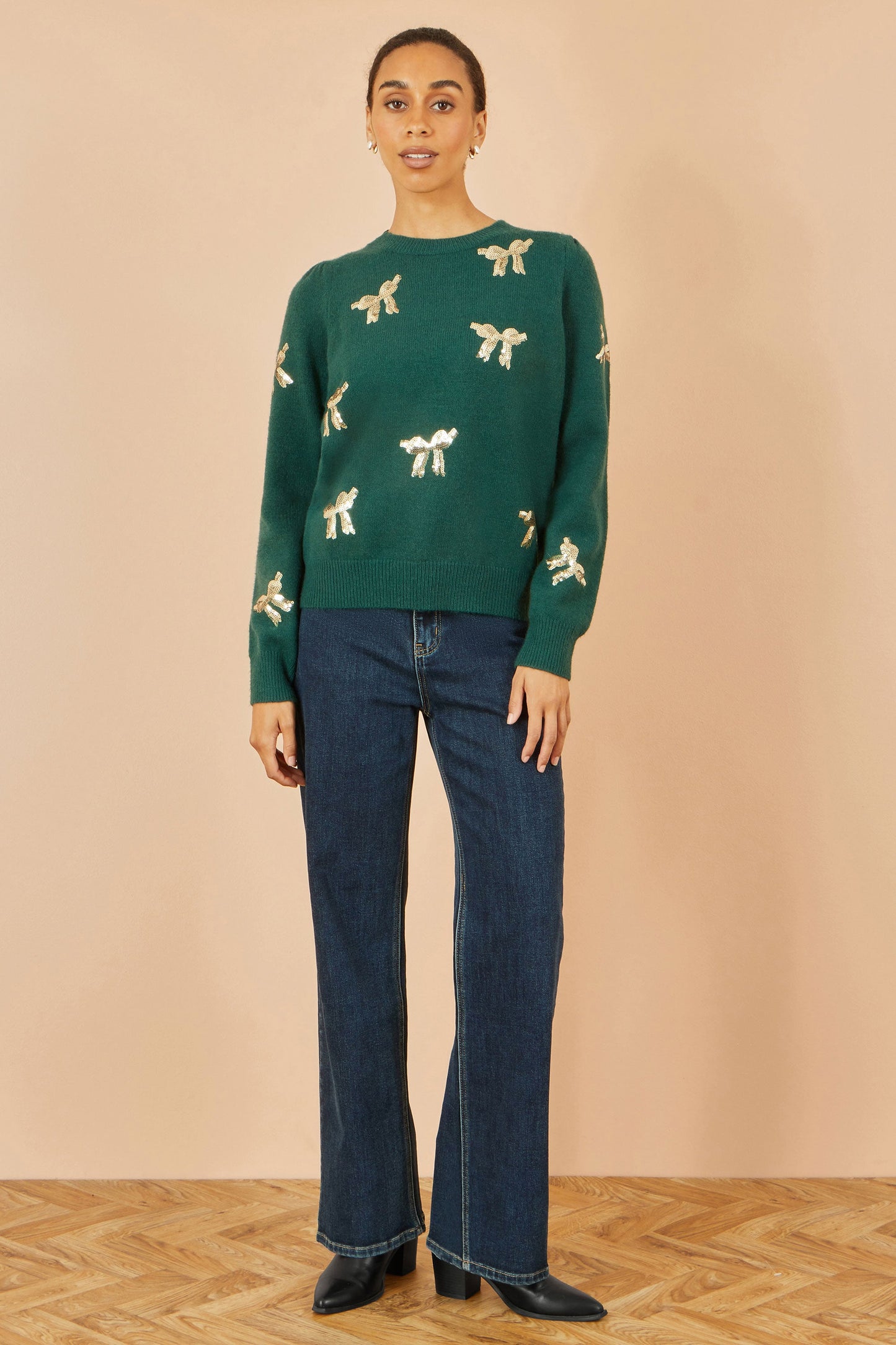 Yumi Green Sequin All Over Applique Bow Knitted Jumper