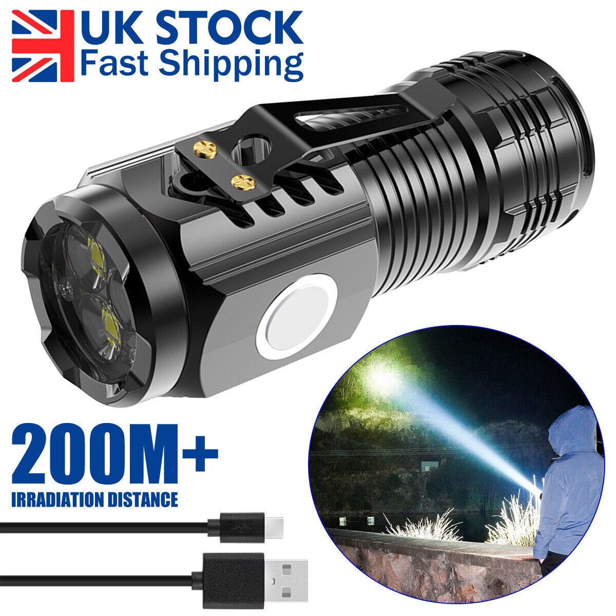 Mini Tactical LED Torch Super Bright Pocket Camping Flashlight USB Rechargeable