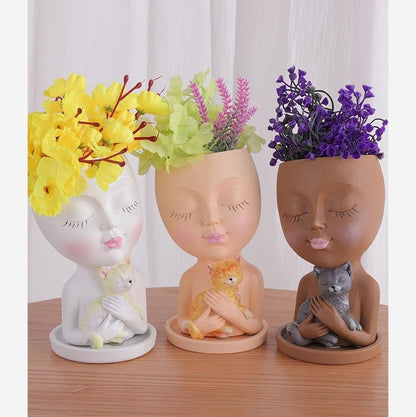 Resin Craft Decoration Vase Cat Girl Flower Arrangement Props Flowerpot