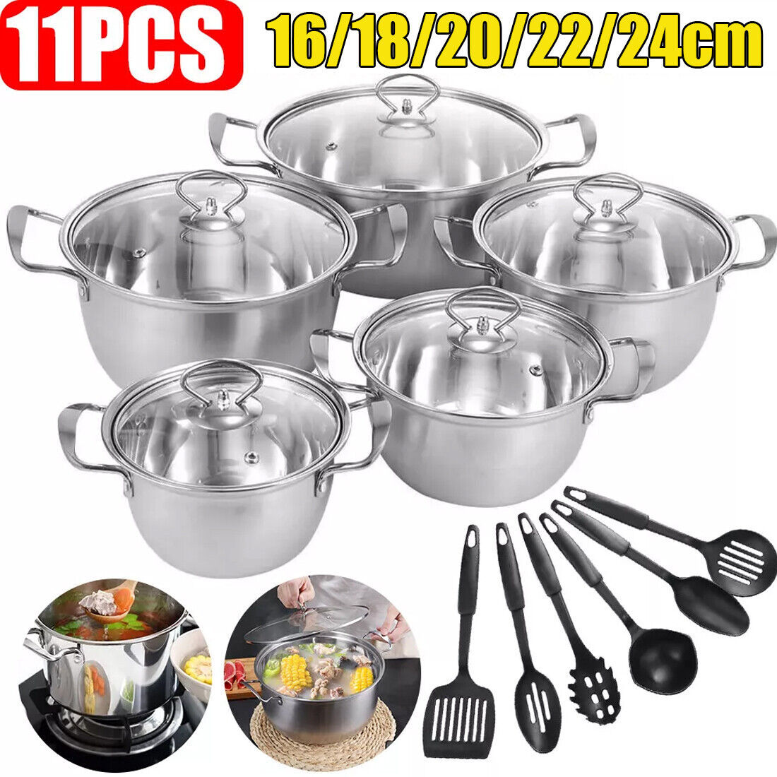 11PCS Induction Non Stick Stainless Steel Cookware Cooking Pot Pan With Lids Set