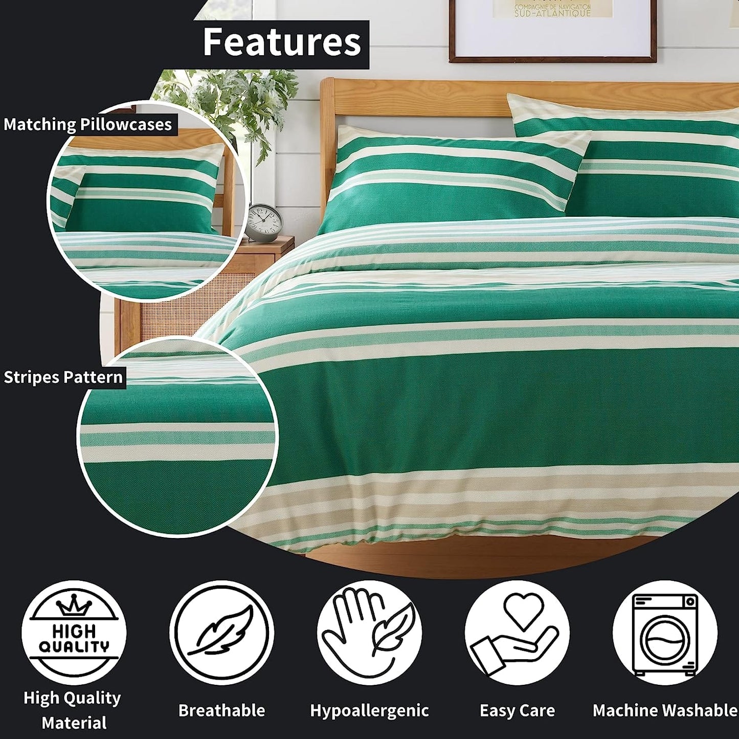 Miami Stripes Reversible Duvet Cover Set Hypoallergenic High-Quality Cotton Blend Bedding Available in Grey Natural Green Multiple Sizes by OLIVIA ROCCO