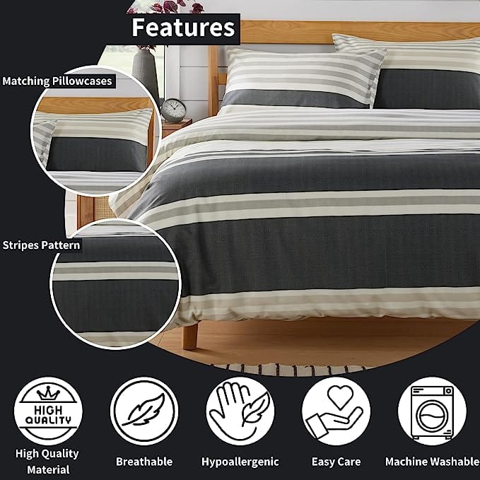 Miami Stripes Reversible Duvet Cover Set Hypoallergenic High-Quality Cotton Blend Bedding Available in Grey Natural Green Multiple Sizes by OLIVIA ROCCO