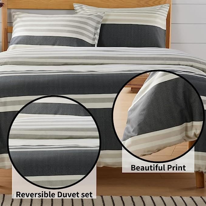 Miami Stripes Reversible Duvet Cover Set Hypoallergenic High-Quality Cotton Blend Bedding Available in Grey Natural Green Multiple Sizes by OLIVIA ROCCO