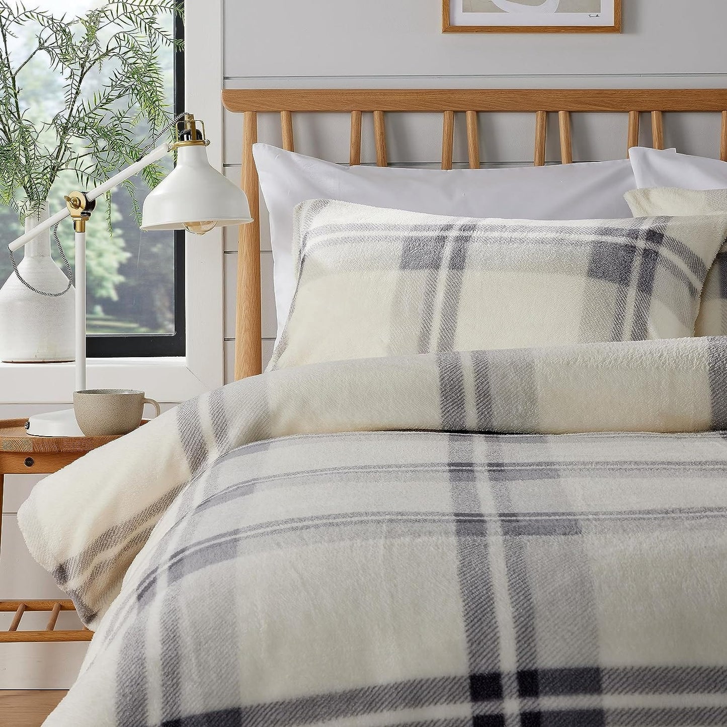 Orkney Check Fleece Duvet Set Grey Green Super Soft Luxurious Bedding Single Double King with Pillowcases Perfect for Winter Nights by OLIVIA ROCCO