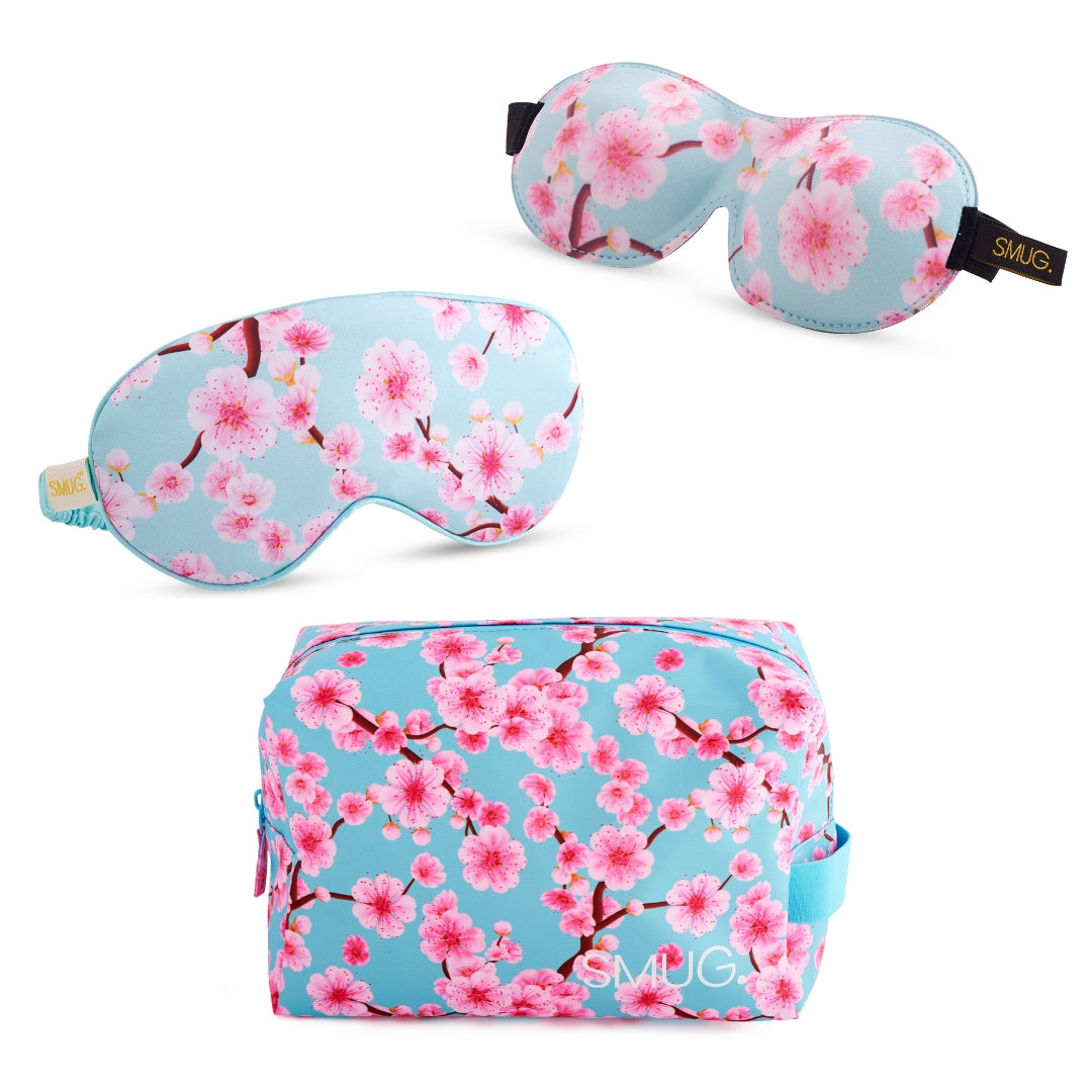 Contoured & Satin Sleep Mask Double Pack & Wash Bag Set- Cherry Blossom