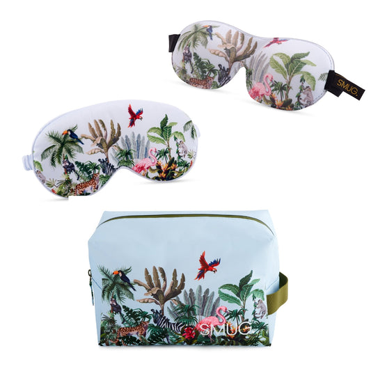 Contoured & Satin Sleep Mask Double Pack & Wash Bag Set- Jungle