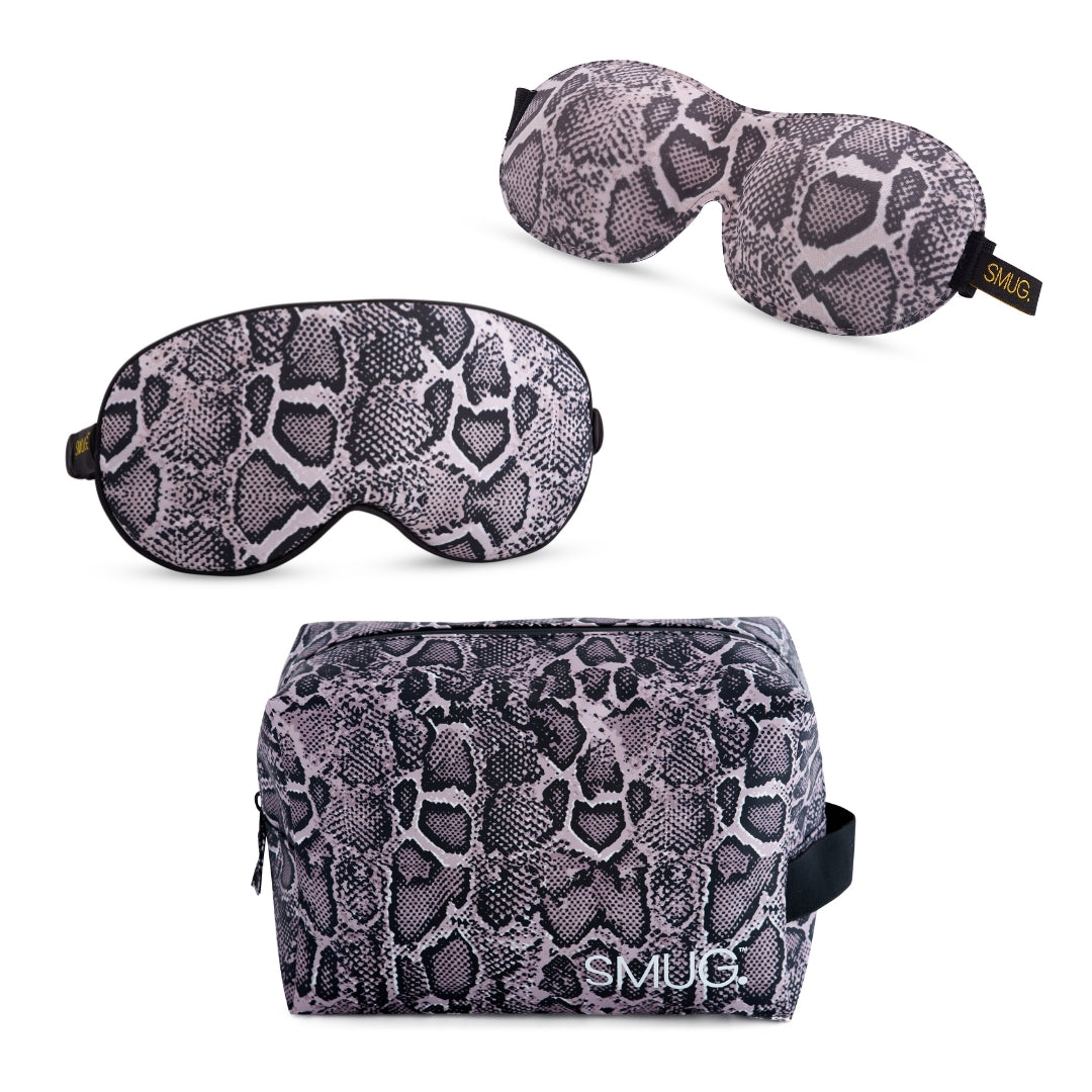 Contoured & Satin Sleep Mask Double Pack & Wash Bag Set- Snake