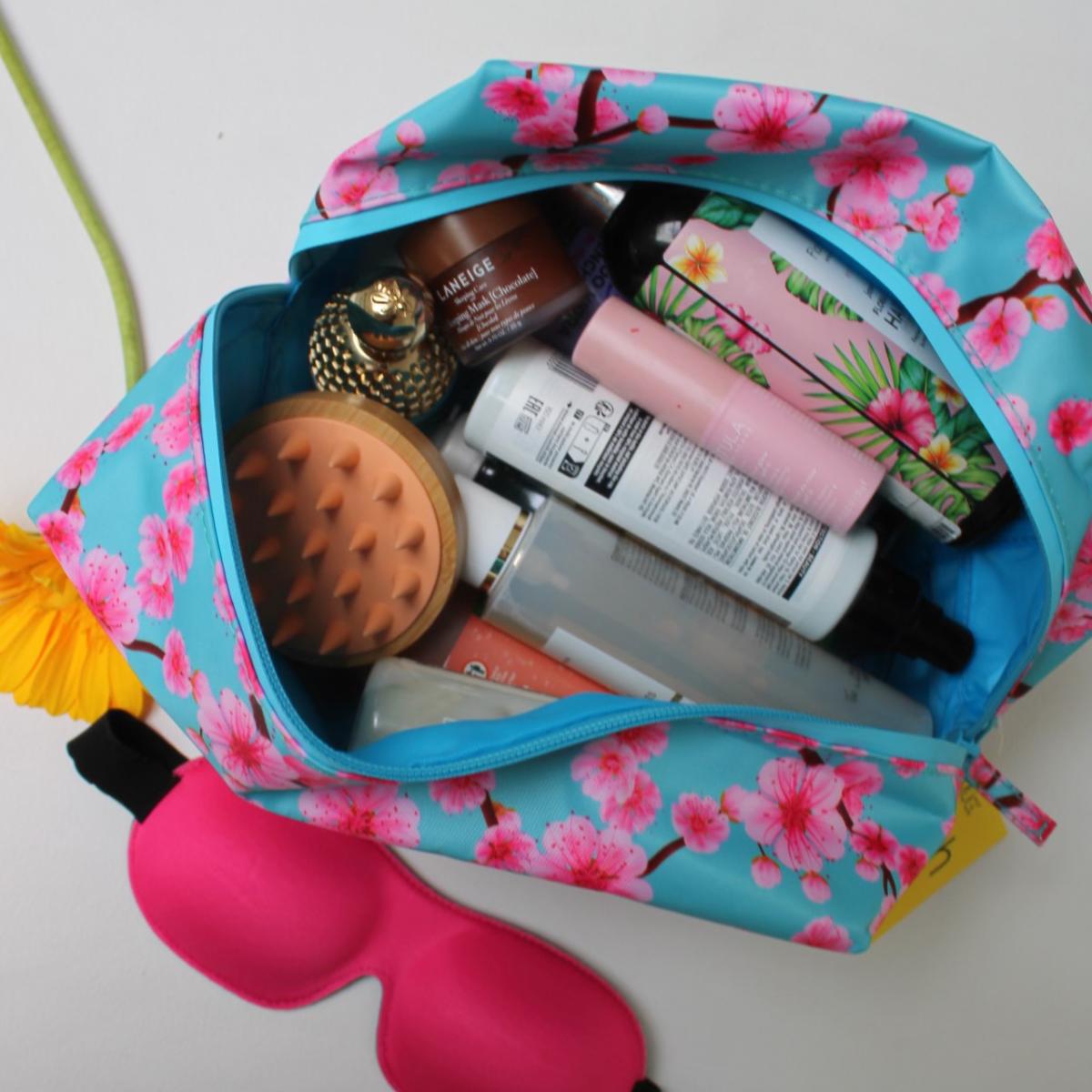 Contoured & Satin Sleep Mask Double Pack & Wash Bag Set- Cherry Blossom