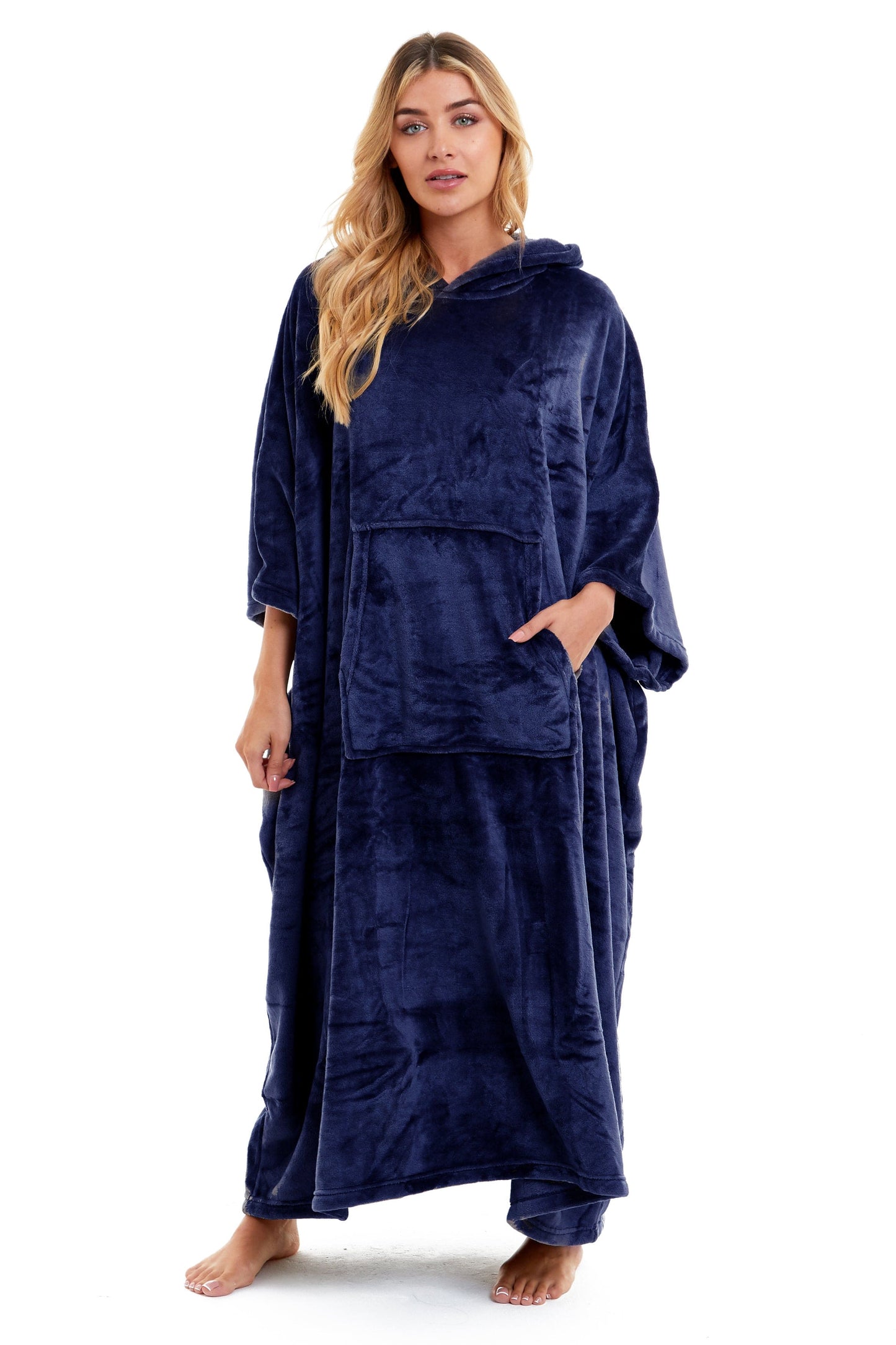 Women's Oversized Hooded Poncho Blanket Ultra-Soft Plush Fleece Giant Hoodie Sweatshirt Navy and Charcoal Lounge Wear with Double Front Pocket for Indoor and Outdoor Use by Daisy Dreamer